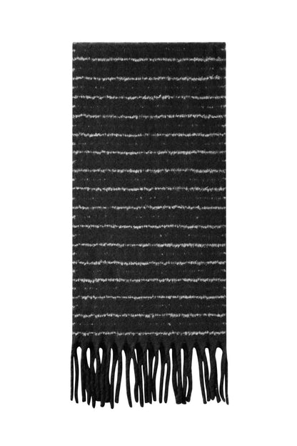 Black striped winter scarf with fringe tassels shown flat on white background