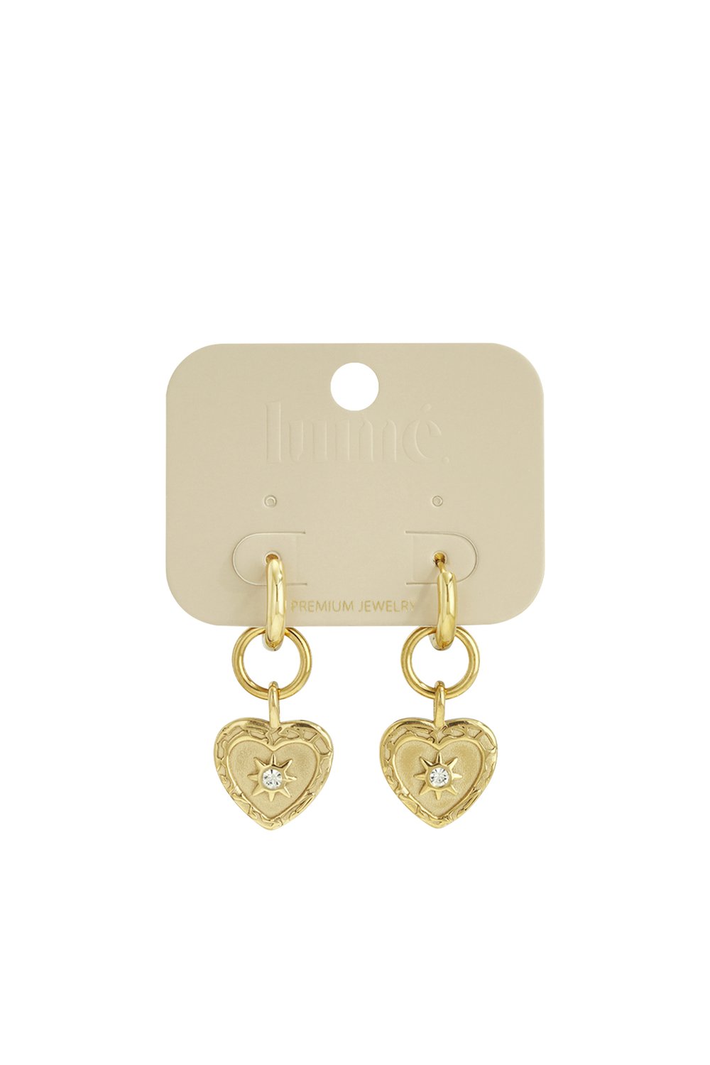 Gold hoop drop earrings featuring heart pendants with intricate filigree borders and a center crystal star inlay.
