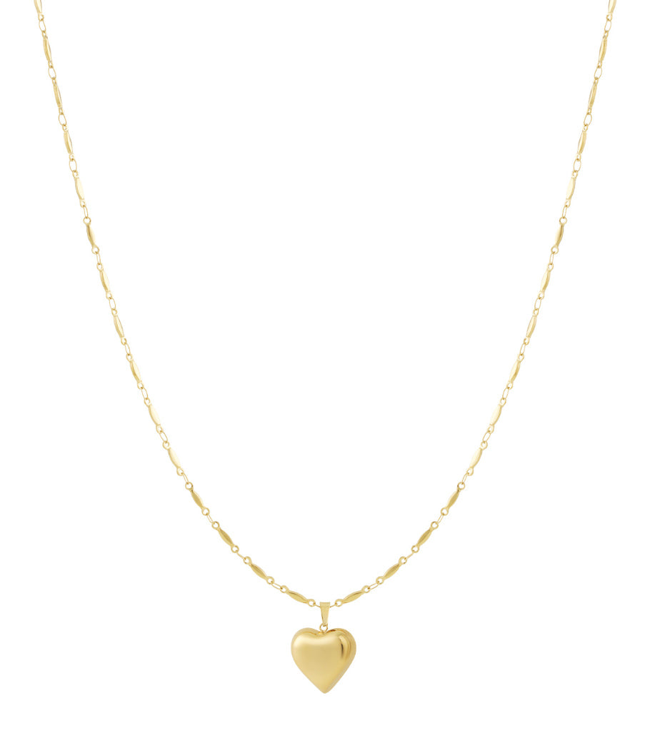 Gold heart-shaped pendant necklace with delicate chain on white background