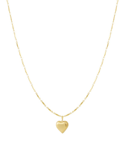Gold heart-shaped pendant necklace with delicate chain on white background