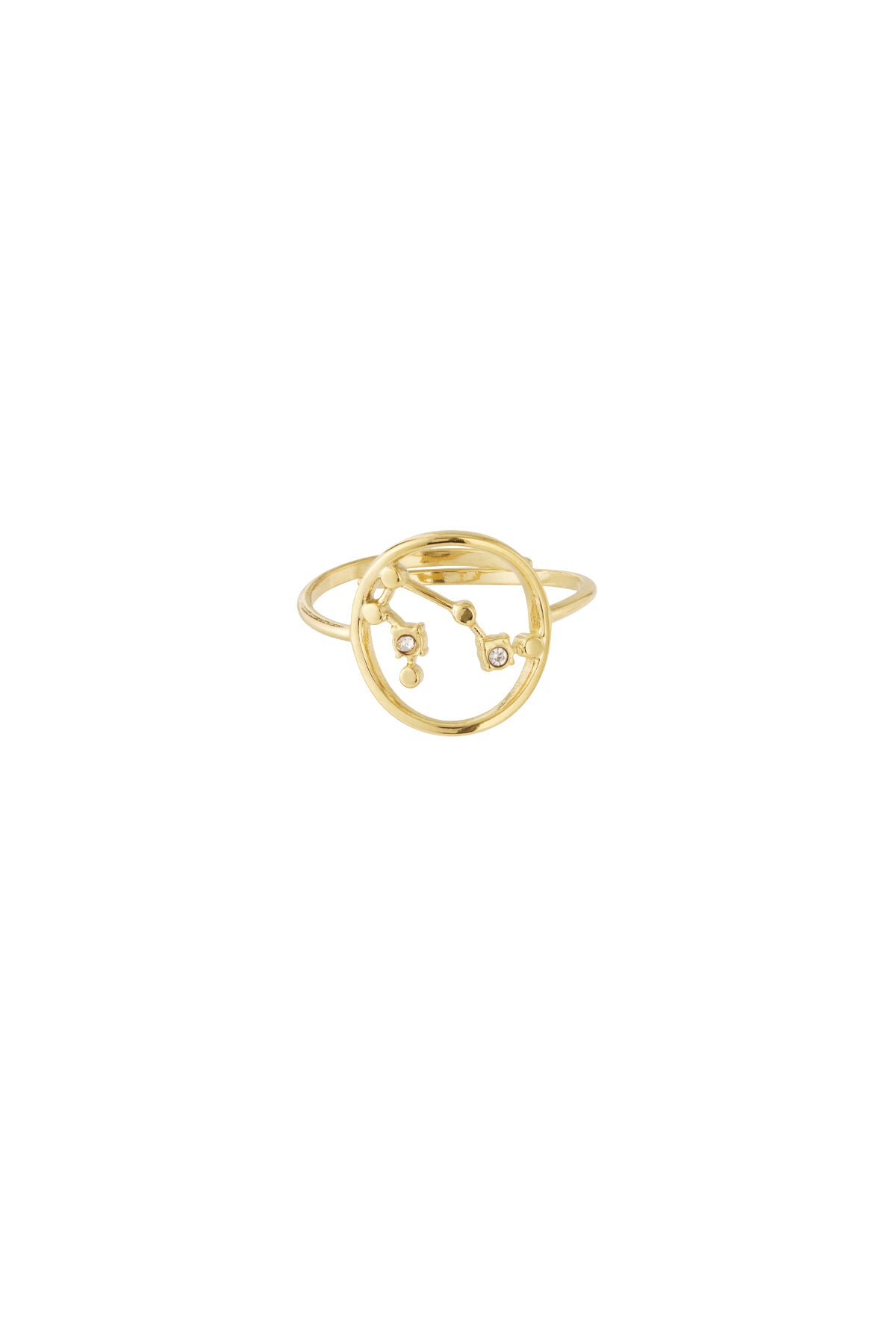 Top view of gold plated constellation ring highlighting delicate rhinestone highlights