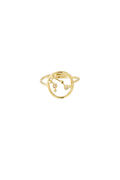 Top view of gold plated constellation ring highlighting delicate rhinestone highlights