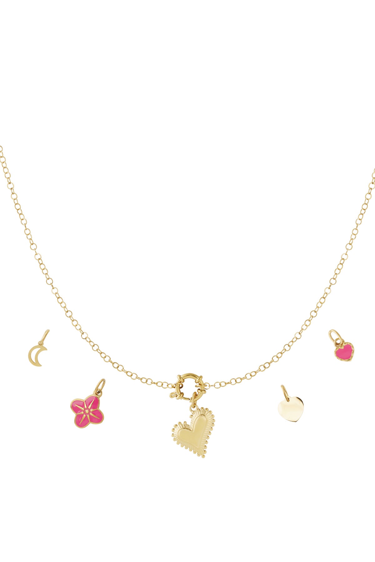 Gold chain necklace with five removable charms: a beaded heart, pink enamel flower, crescent moon, small gold heart, and pink enamel heart
