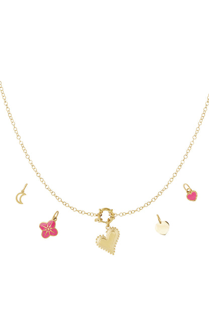 Gold chain necklace with five removable charms: a beaded heart, pink enamel flower, crescent moon, small gold heart, and pink enamel heart