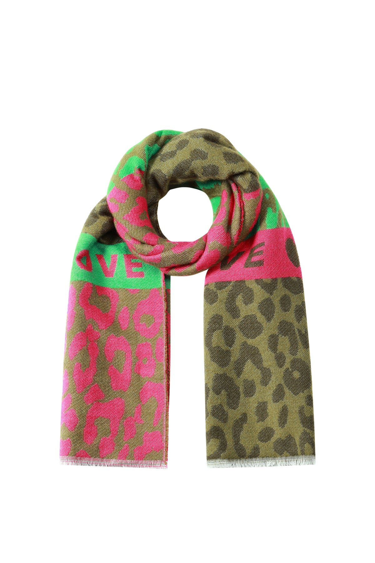 Bright green and pink leopard print scarf coiled to highlight colorful pattern and text