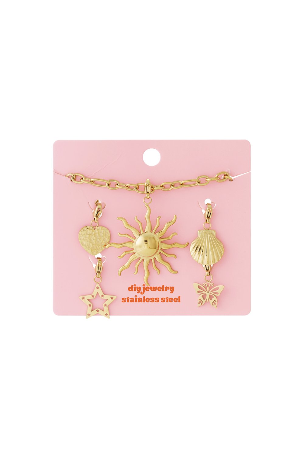 Golden Glow Up: Gold stainless steel jewelry kit featuring a chain and charms shaped like a sun, heart, shell, and star.