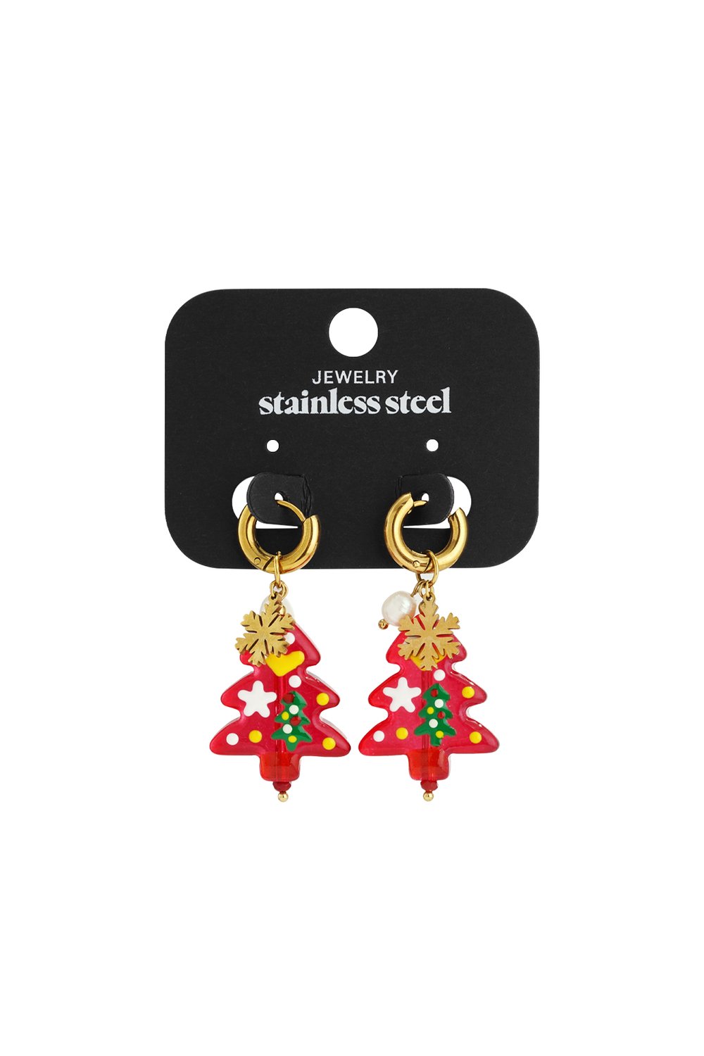 Festive stainless steel hoop earrings with red Christmas tree charms, gold snowflakes, and mini pearl accents.