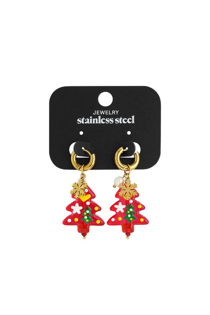 Festive stainless steel hoop earrings with red Christmas tree charms, gold snowflakes, and mini pearl accents.
