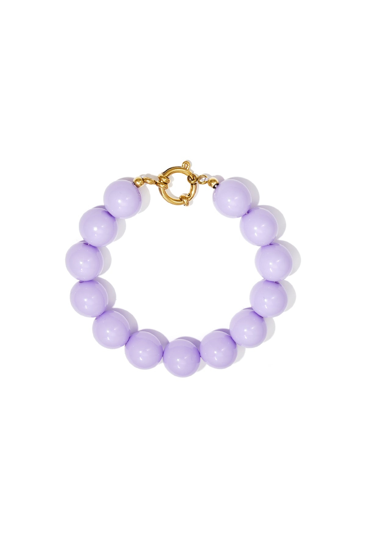 Lilac chunky beaded bracelet showcasing glossy resin beads and decorative gold clasp
