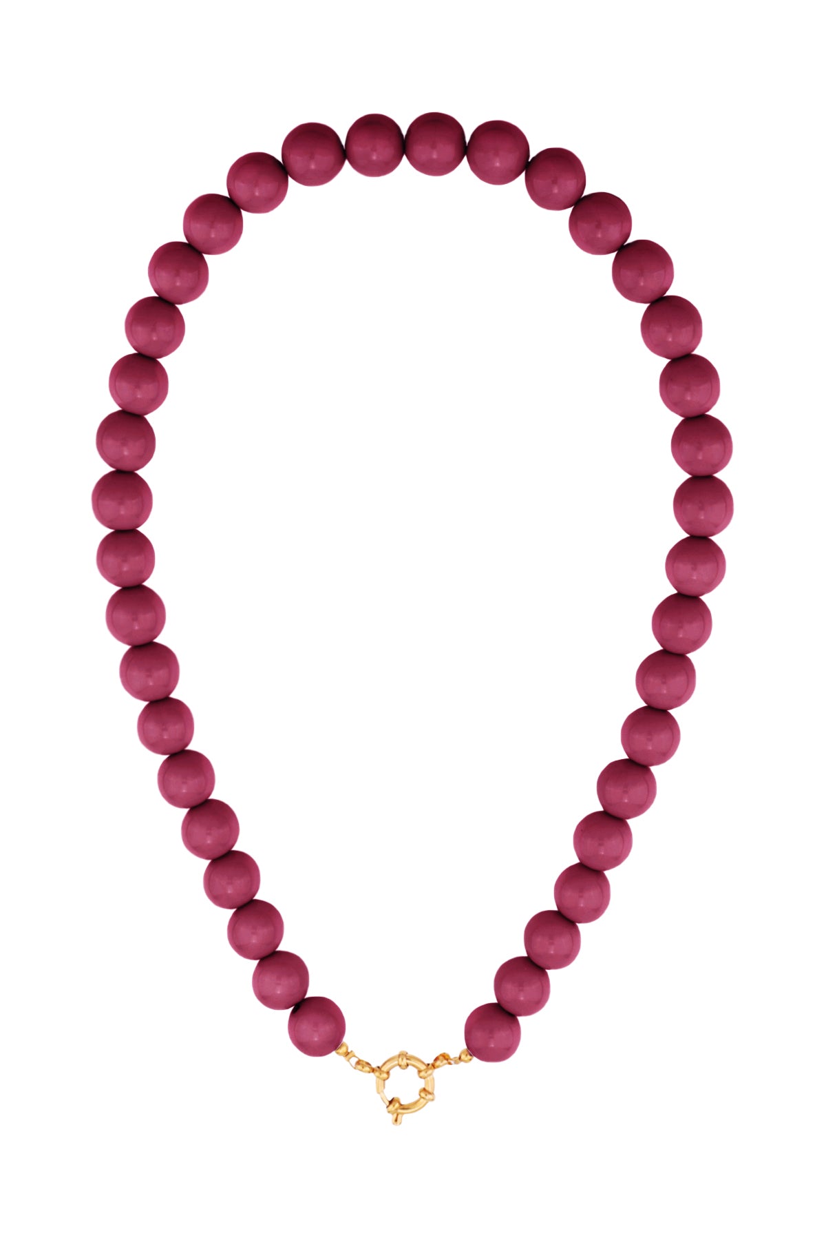 Resin beaded necklace with uniform round berry-colored beads and a gold-tone circular clasp against a white background.