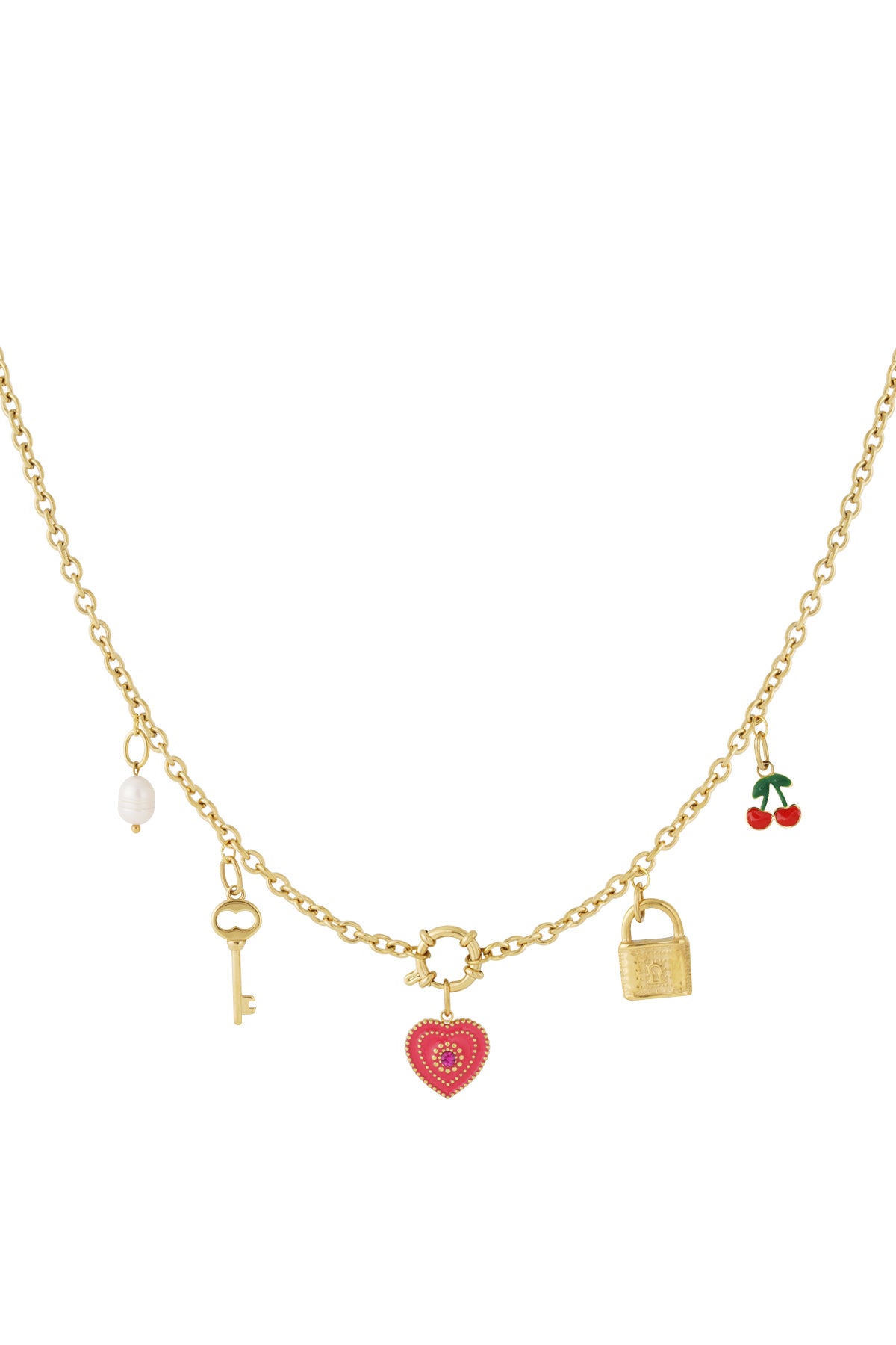 Close-up gold-plated charm necklace featuring pendants of a red heart, key, pearl, padlock and cherries neatly arranged on chain