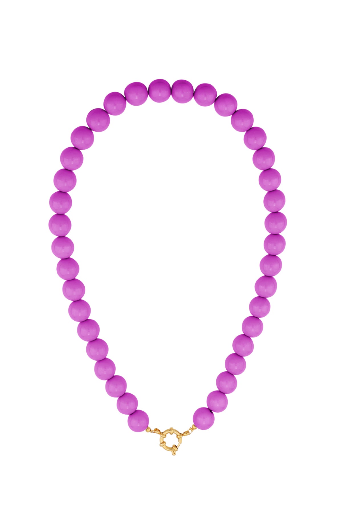 Single strand necklace with glossy baby pink resin beads and gold spring ring clasp on white background