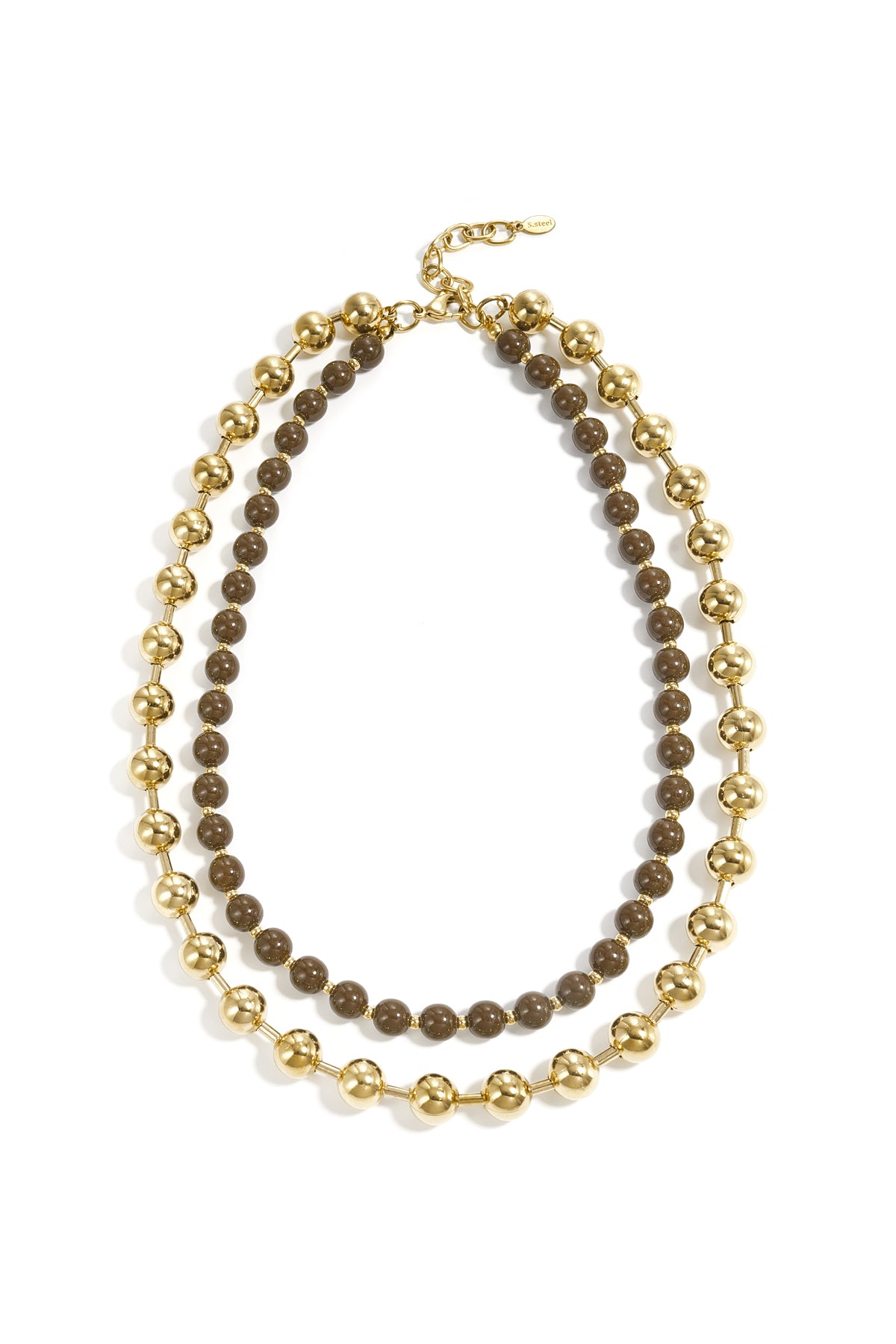 Layered necklace set with chunky gold beads and taupe beads displayed flat on white background with stainless steel clasp