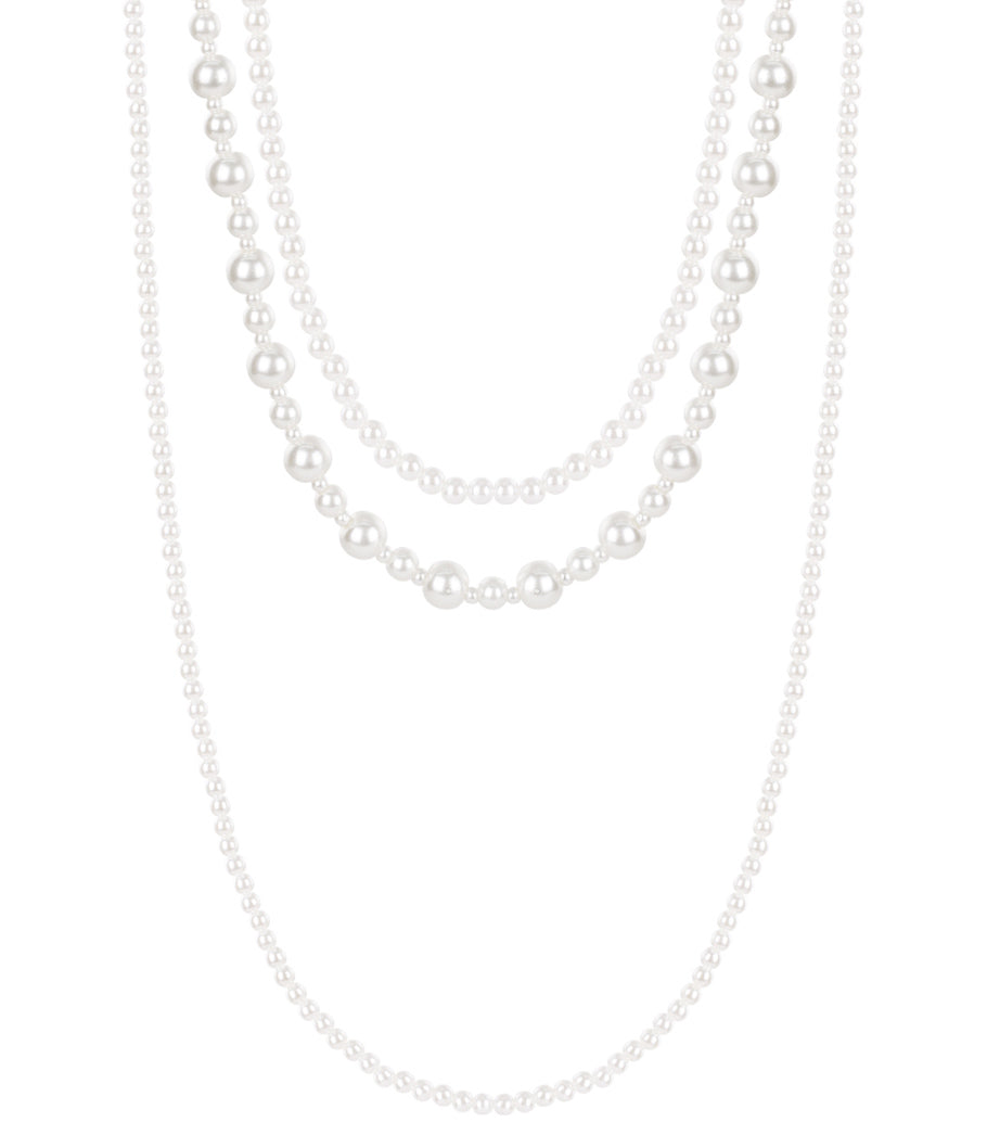 Layered pearl necklace with three strands featuring different sized artificial pearls on white background