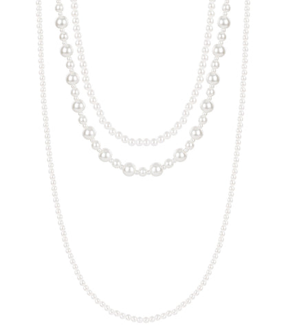 Layered pearl necklace with three strands featuring different sized artificial pearls on white background