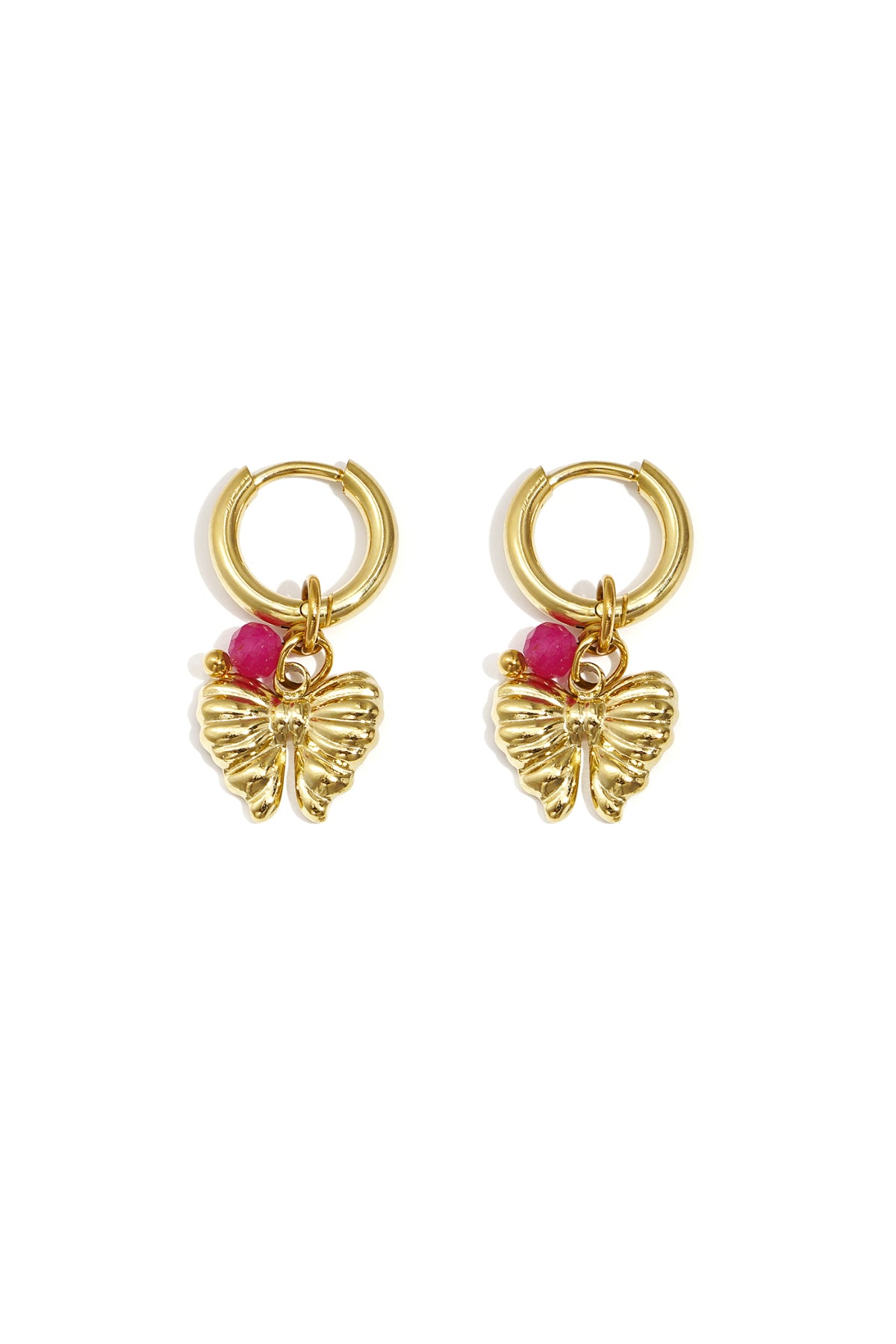 Pair of gold hoop earrings with butterfly charms and bright pink beads on white background