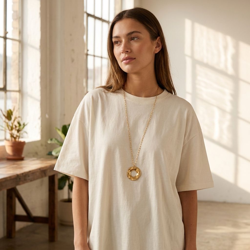 Full-body shot of a woman wearing the Aura Main Character Energy necklace over an oversized tee in a bright loft space, showcasing effortless style.