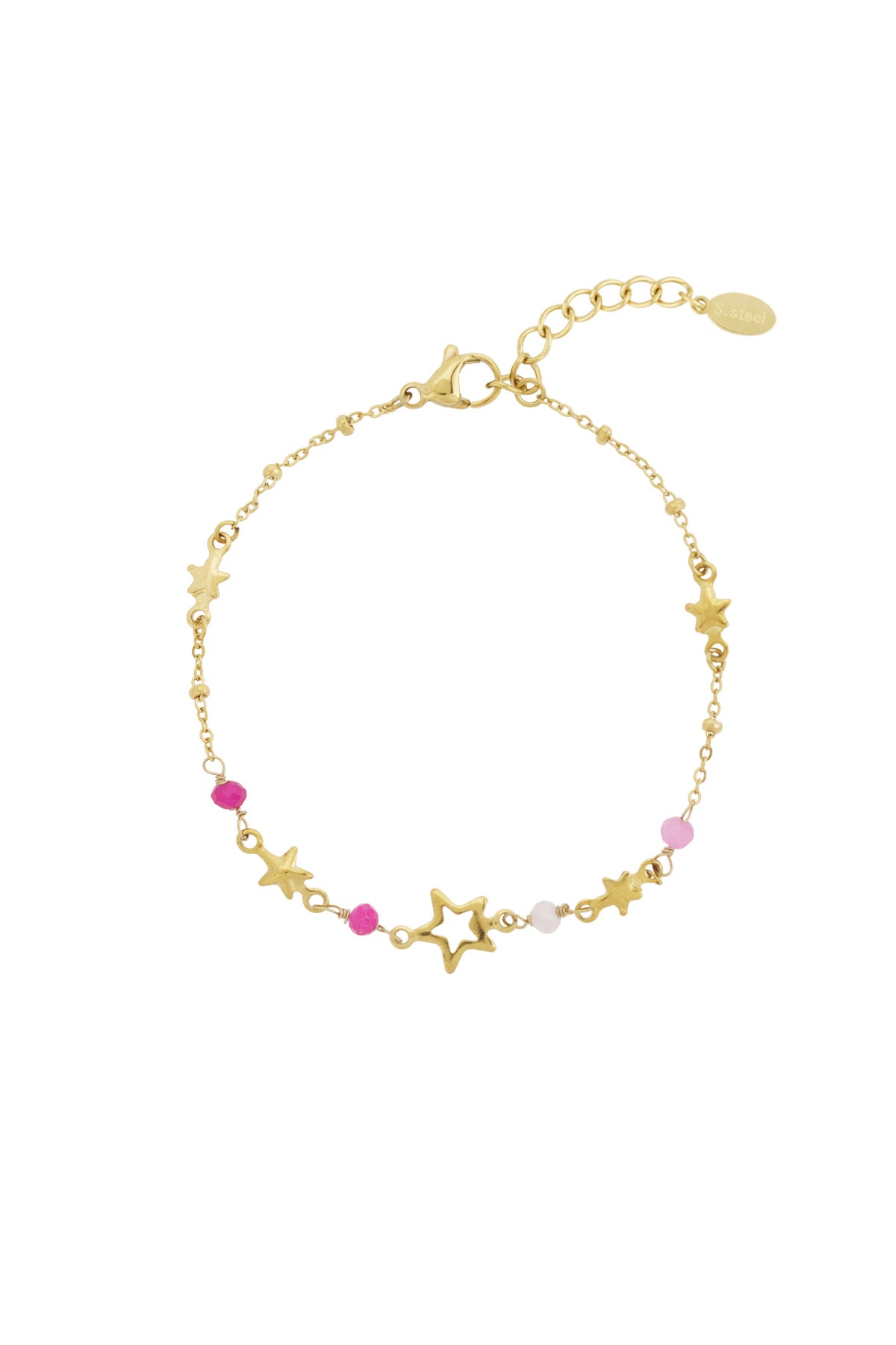 Gold star charm bracelet with pink and white beads laid flat showing lobster clasp and extender chain