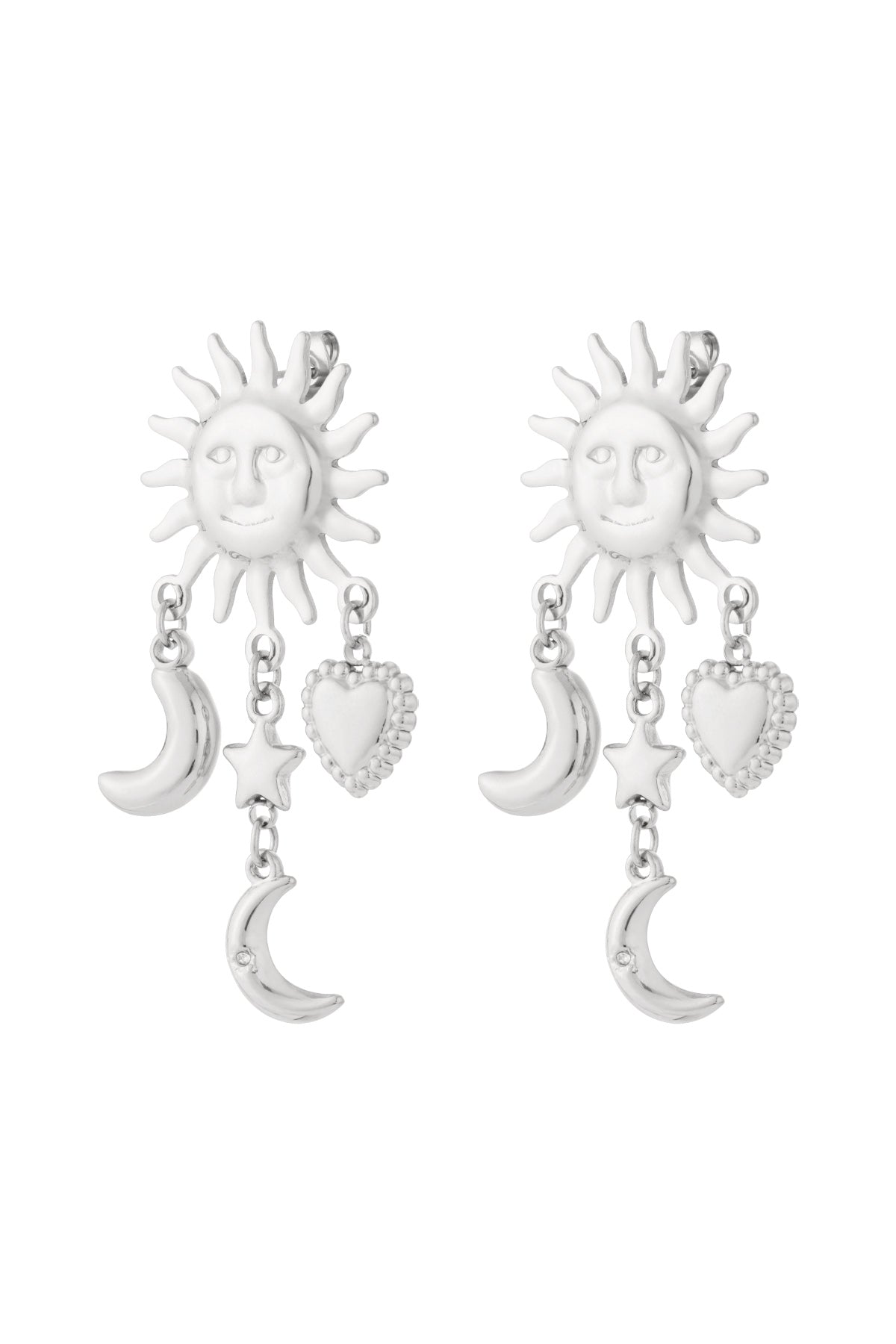 Pair of silver-tone celestial charm drop earrings featuring sun faces with dangling moon, star, and heart charms against white background