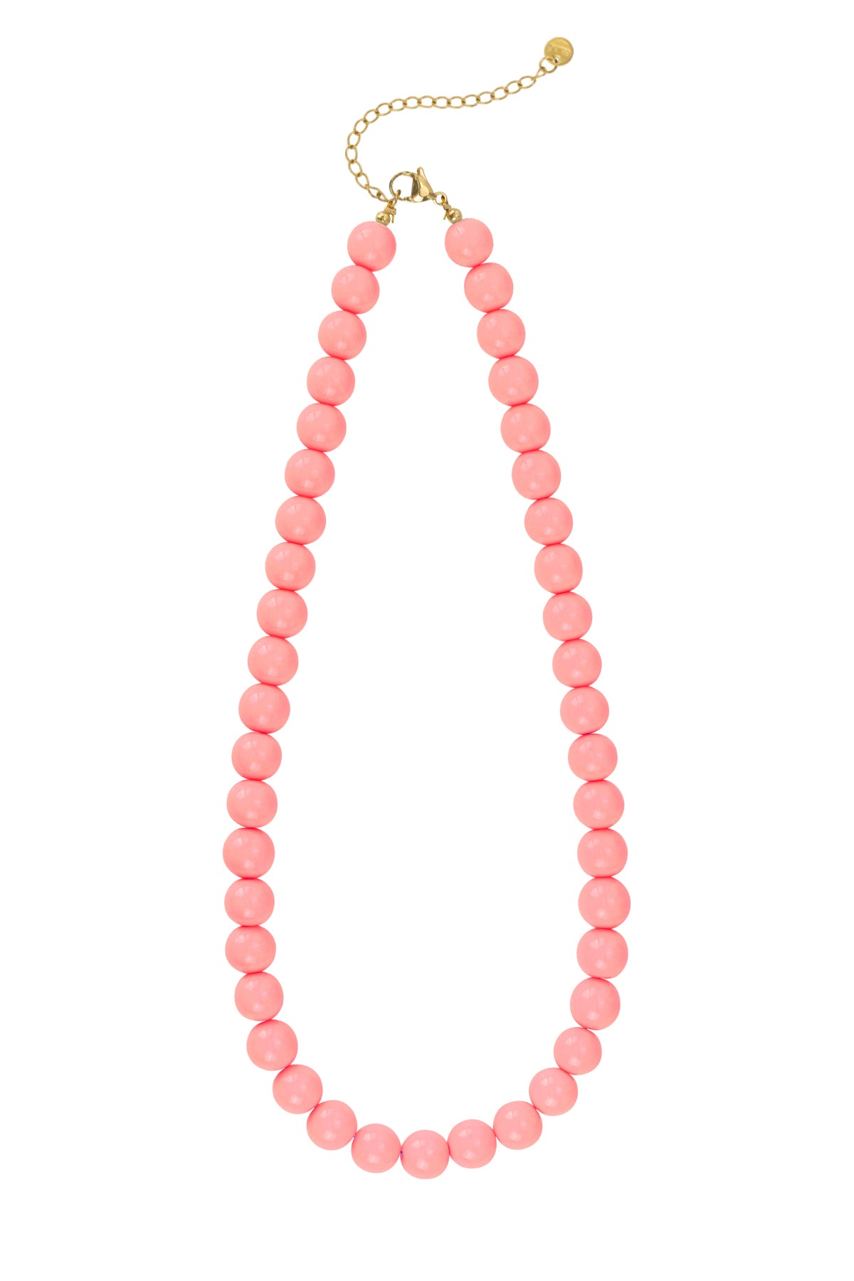 Bright red resin beaded necklace with gold chain extender and clasp on white background