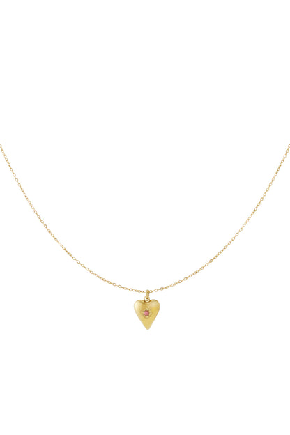 Gold heart pendant necklace with green birthstone displayed on white background