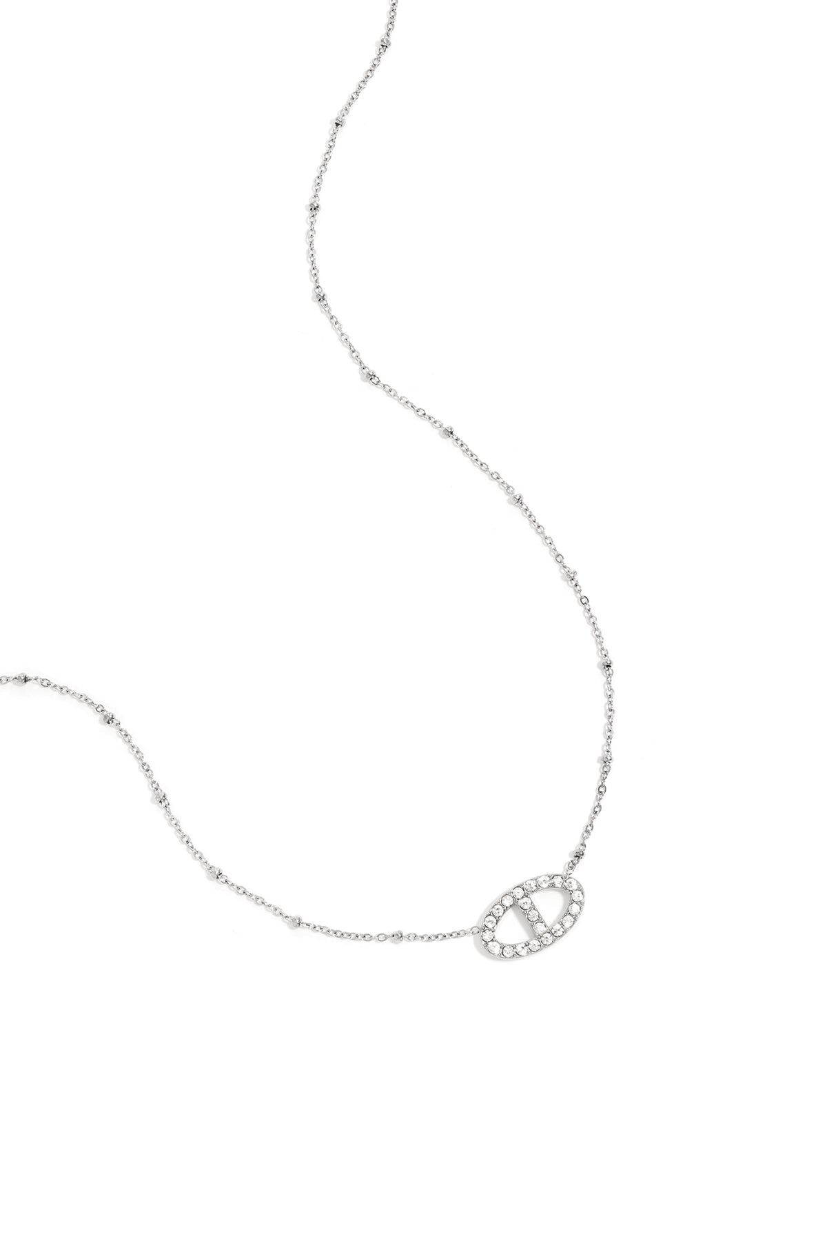 Elegant silver pendant necklace with crystal-studded oval charm and beaded chain detail shown on white background