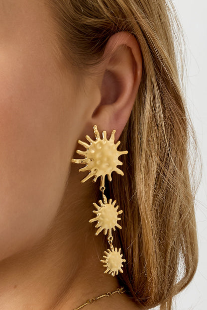 Close-up view of gold sunburst dangle earrings worn by woman with blonde hair