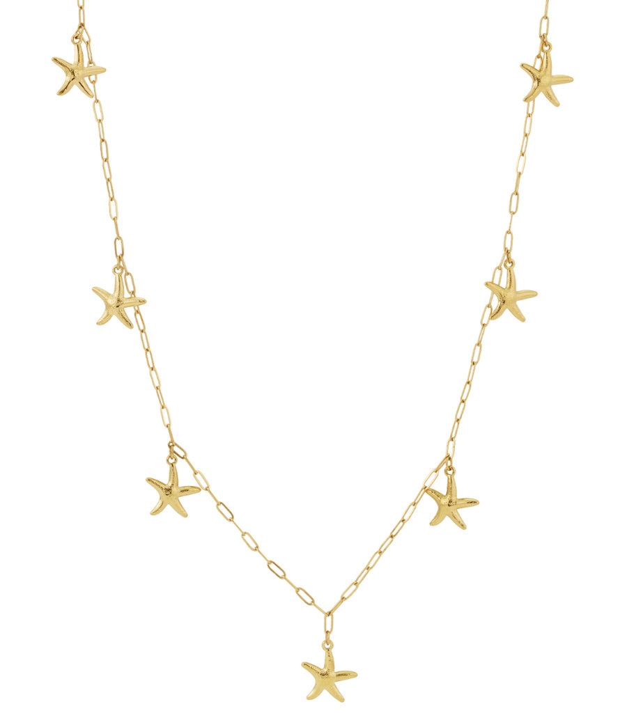 Close-up of a gold-tone long necklace featuring multiple starfish charms on a delicate chain against a white background
