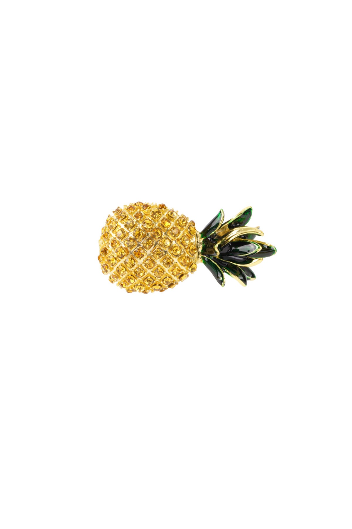 Golden pineapple shaped brooch with green enamel leaves on white background