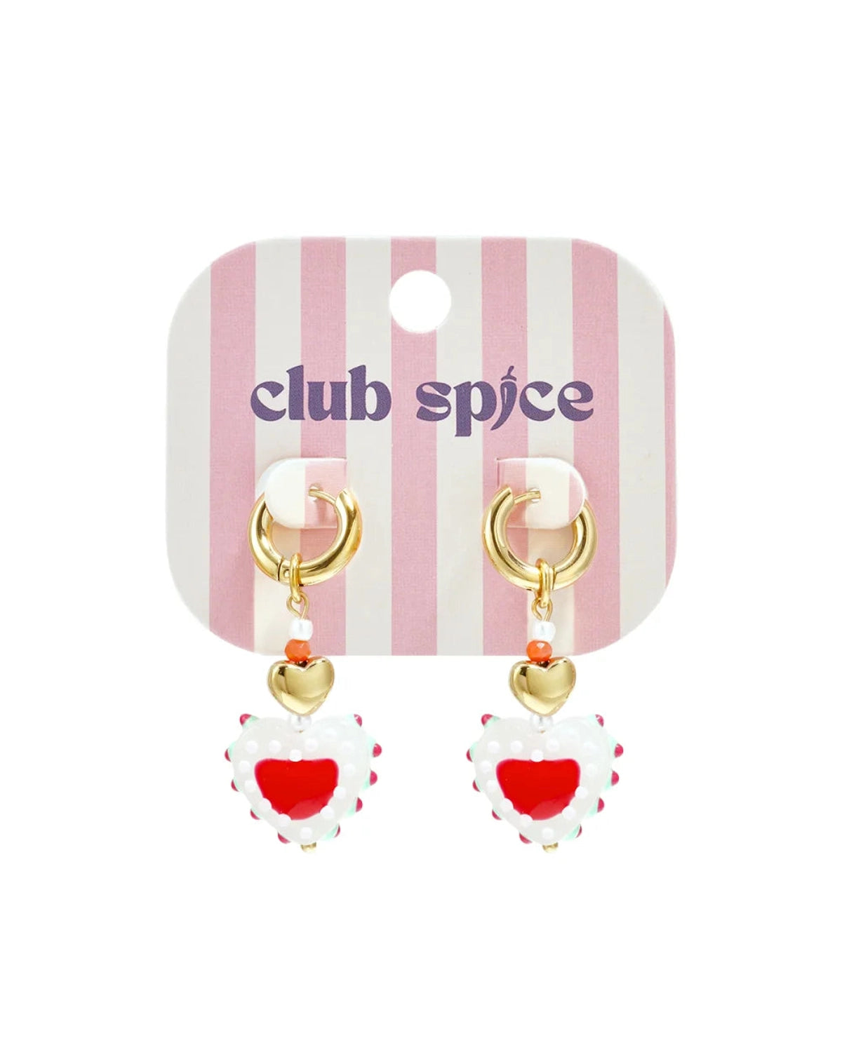 Gold hoop earrings with beaded dangles featuring a small gold heart and a larger white and red heart-shaped bead.
