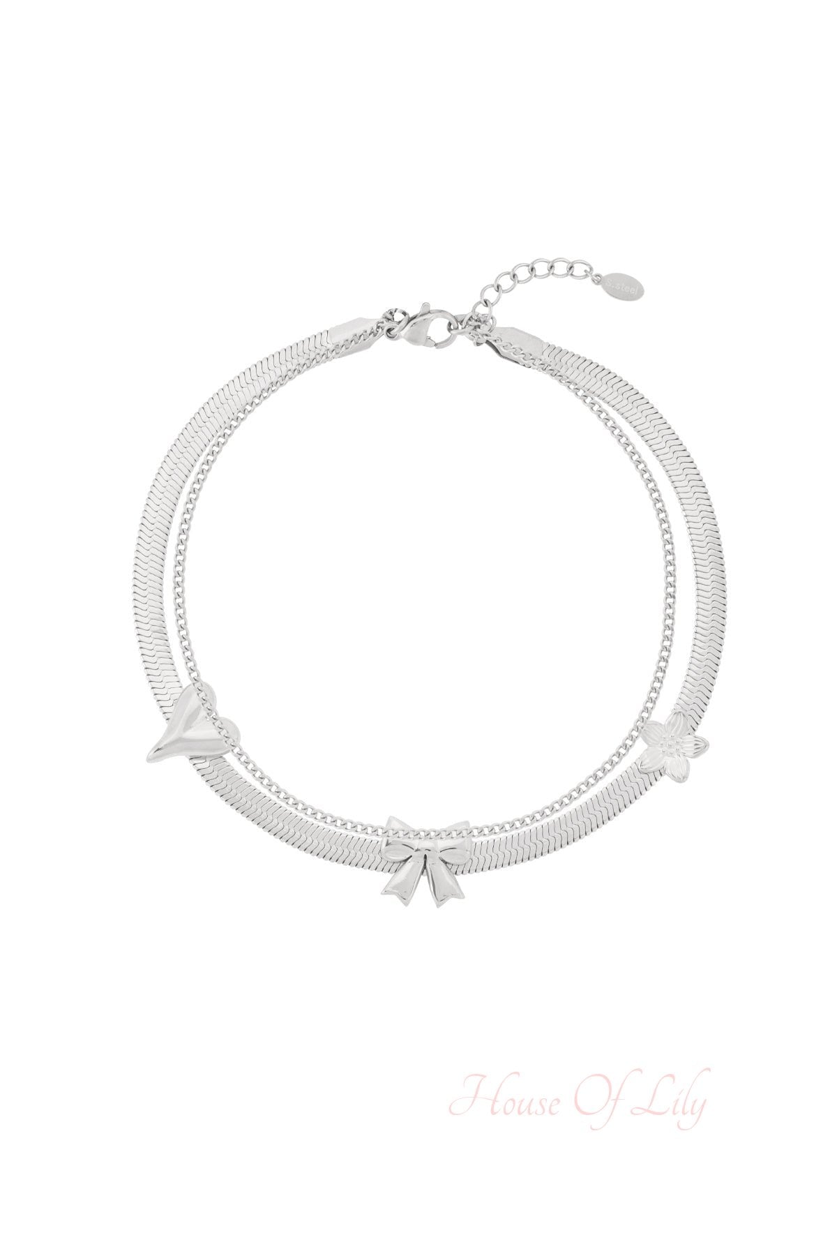 Silver double chain anklet with bow, flower, and heart charms on white background