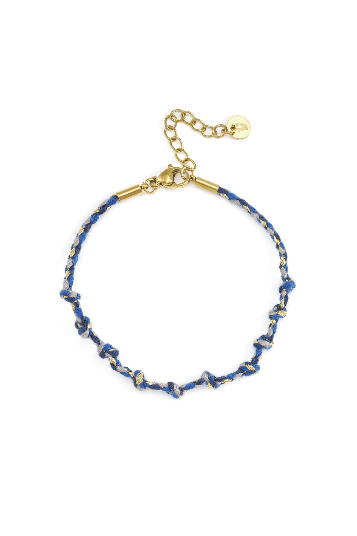 Charmed Cotton Chain bracelet with blue and grey knotted threads, gold-tone metal accents, and an adjustable chain clasp.