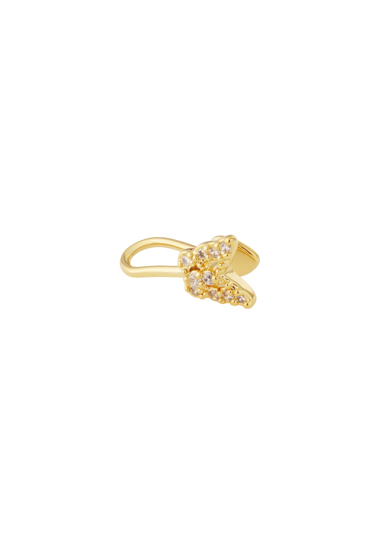Close-up of gold-tone butterfly nose and ear cuff adorned with clear zircon stones on a white background