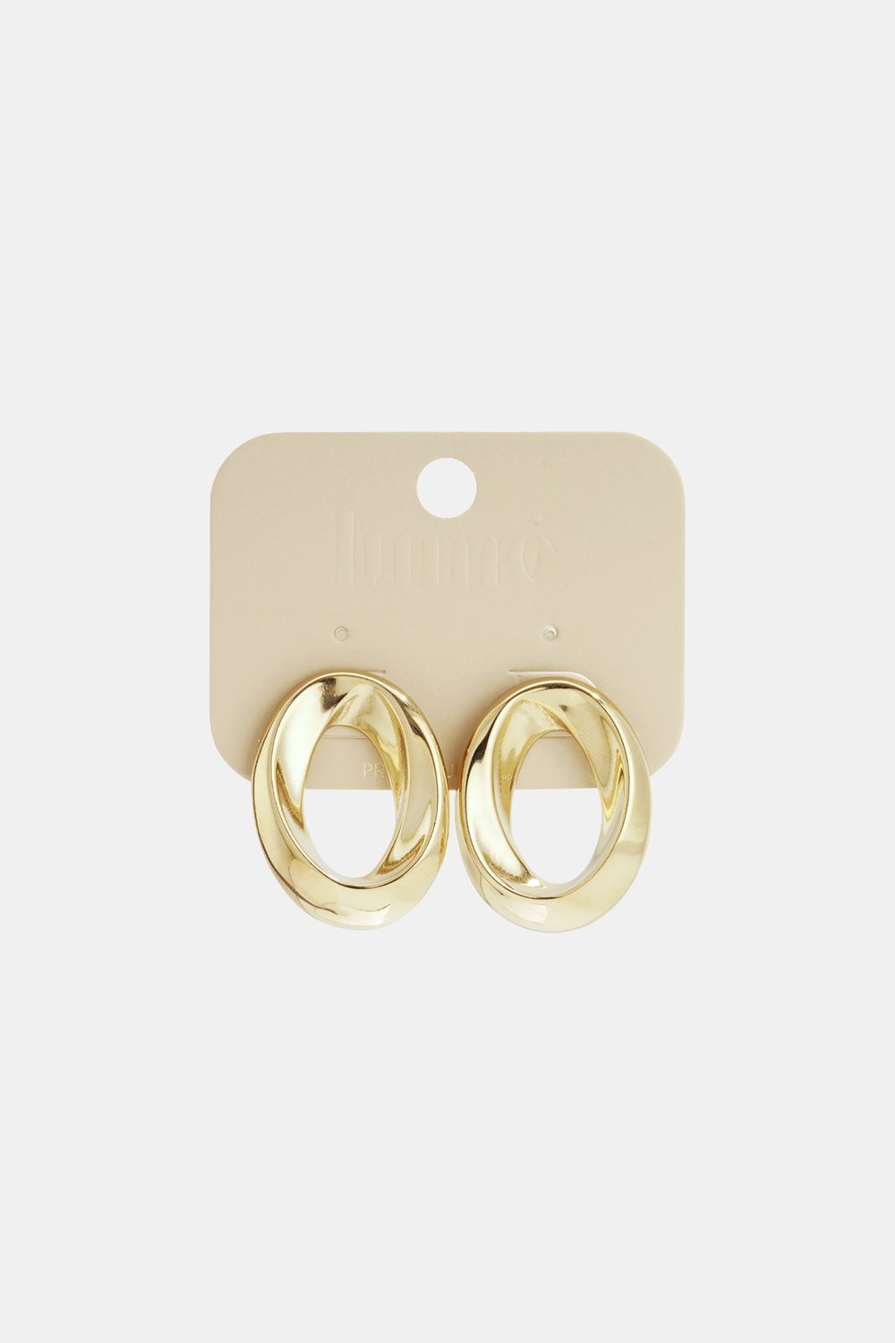Gold-tone Spiraled Vibe hoop earrings with a thick, twisted oval design on a beige jewelry display card.