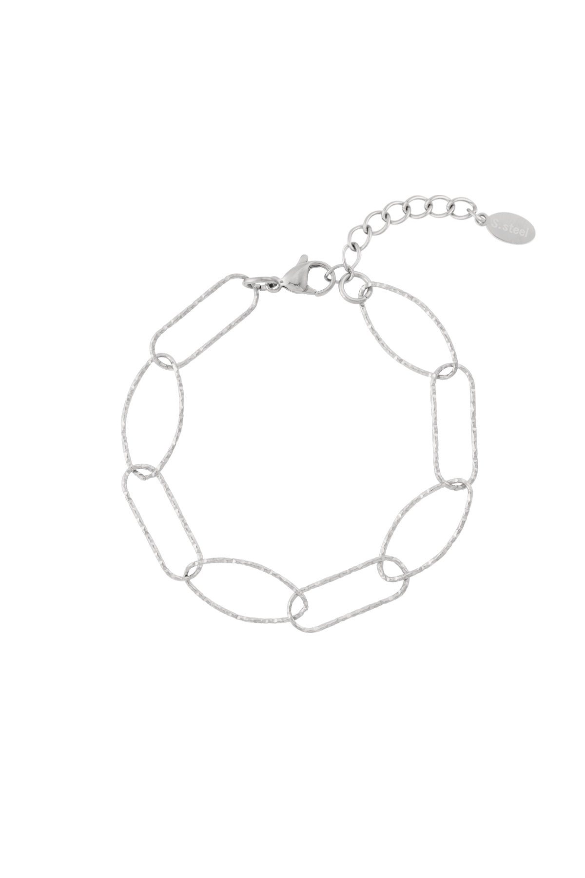 Silver textured chain link bracelet with lobster clasp and adjustable extension