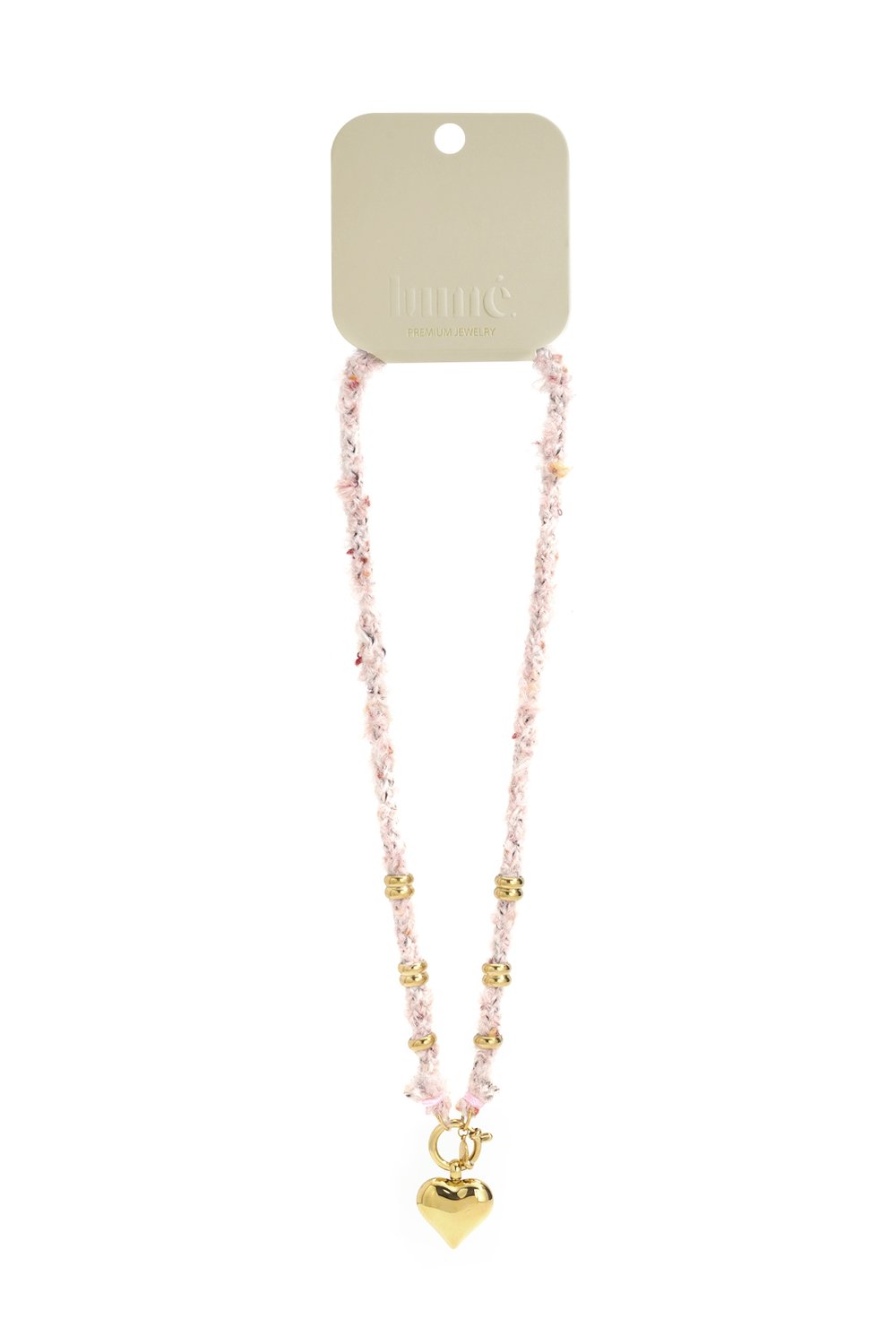 Soft Girl Heart necklace: Pink textured fabric cord with gold-tone beads and a gold heart pendant on a toggle clasp.