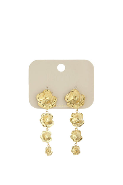 Gold Petal Cascade drop earrings featuring four graduated, textured flower charms dangling from a post backing.