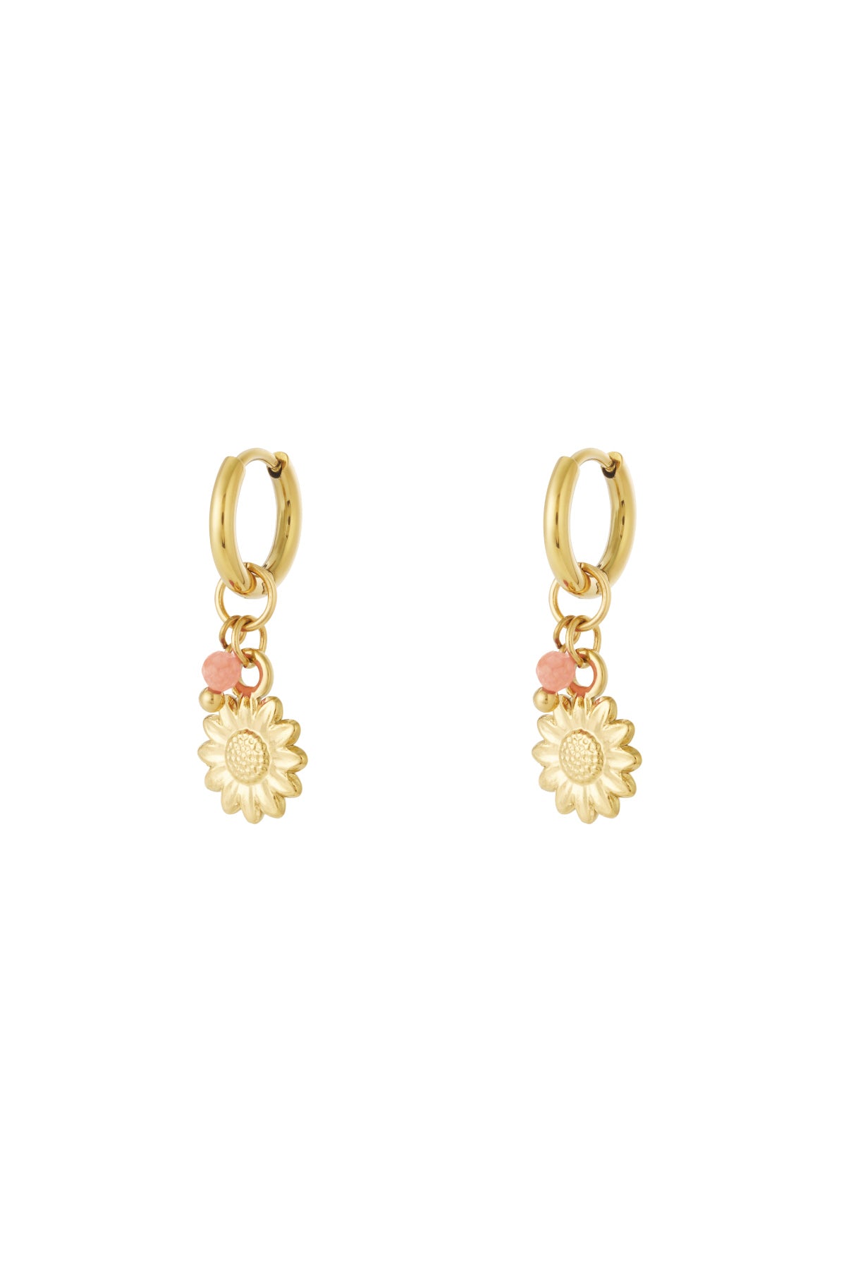 Pair of gold hoop earrings with sunflower charm and small peach bead accents displayed on white background