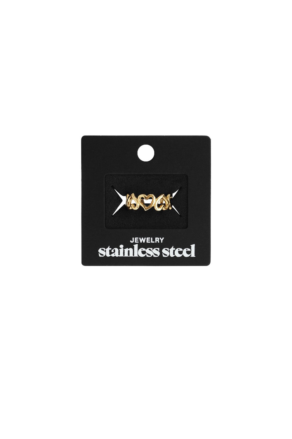 Gold-tone stainless steel Little Heart ring featuring a delicate repeating heart band on a black display card.