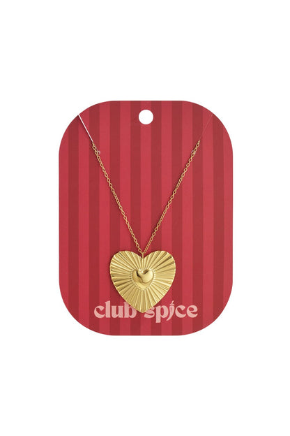 Radiant Heart Drop necklace: Gold-tone pendant with a sunburst-textured heart and central smooth heart on a fine chain.