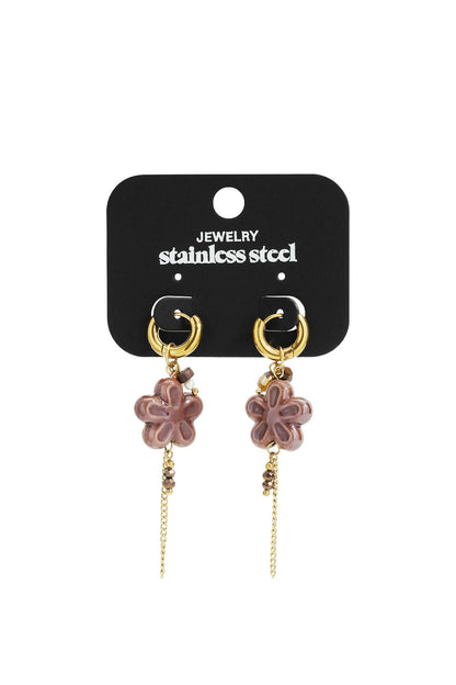 Bloom Core Drip gold-tone stainless steel hoop earrings featuring mauve flower charms and delicate beaded chain drapes.