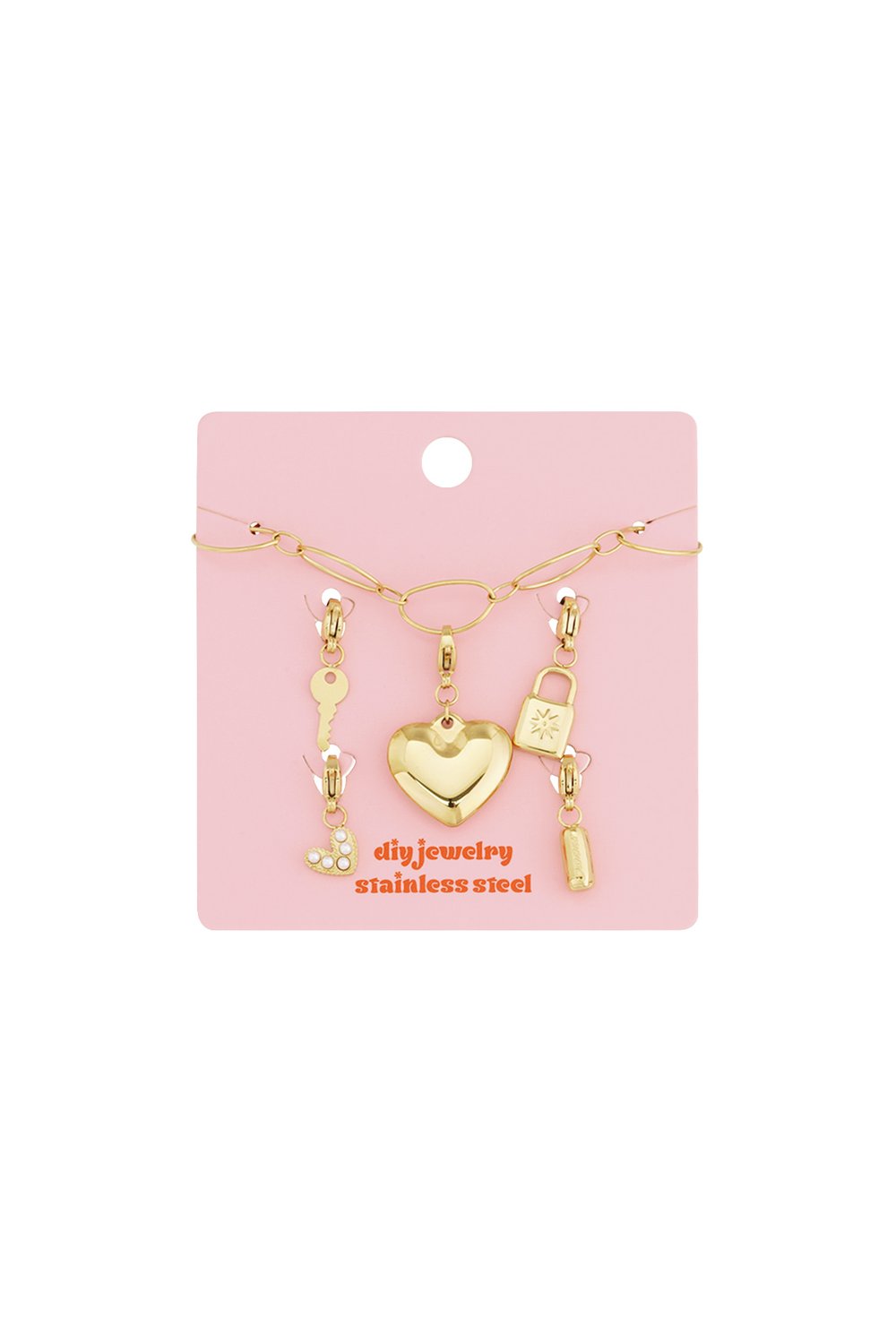 Golden link charm bracelet kit on a pink card with heart, key, lock, and bar charms in gold stainless steel.