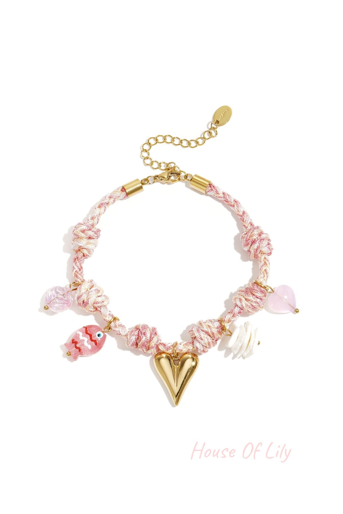 Soft pink and white twisted rope charm bracelet with gold heart and colorful charm pendants including fish and flower