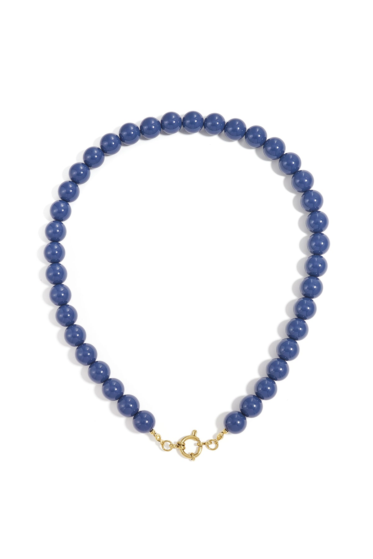 Round blue resin bead necklace with a gold-tone circular clasp, centered on a white background.