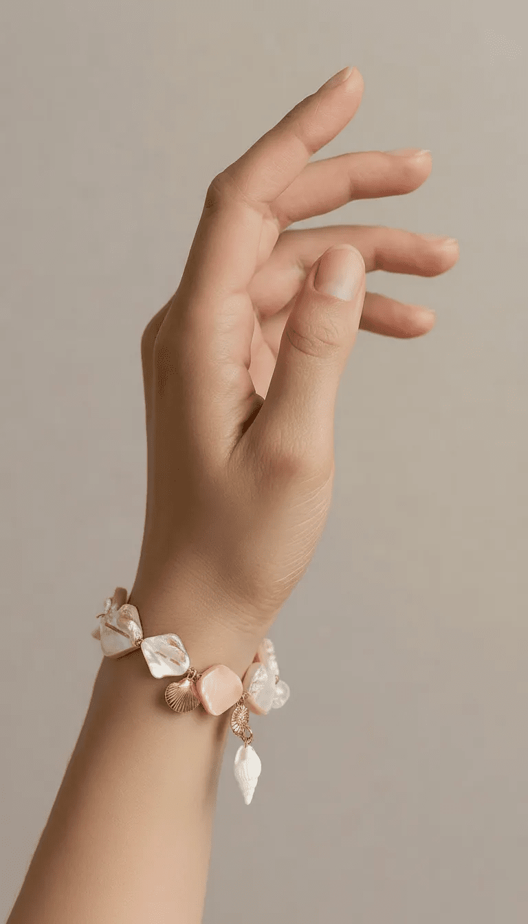 Coastal Seashell charm bracelet with iridescent shell beads and gold metal seashell accents on a delicate chain.