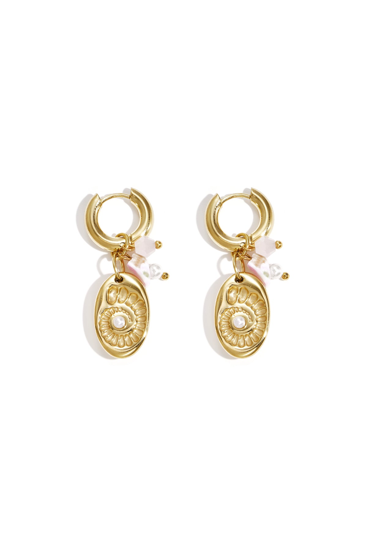 Pair of gold-tone drop earrings with a shell medallion charm and pink bead accents on white background