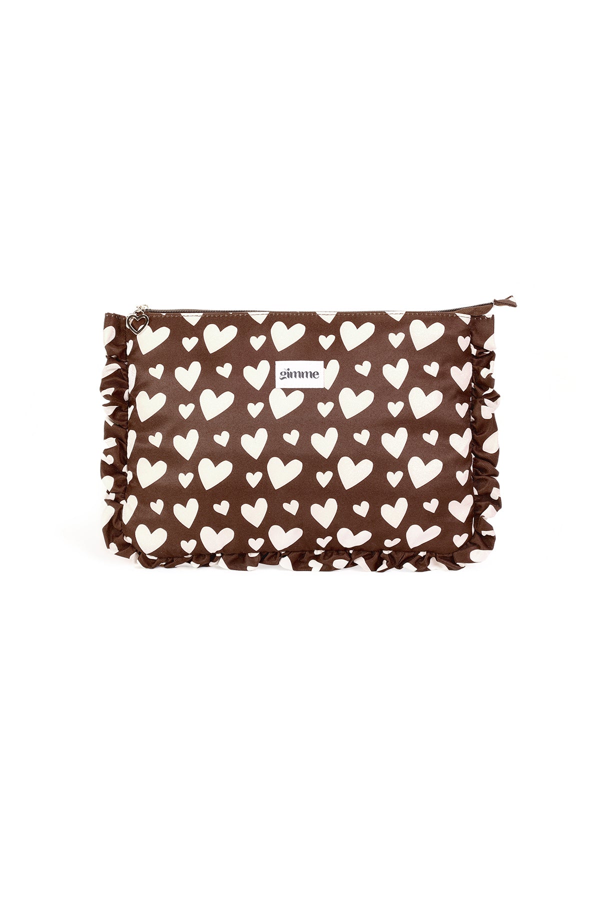 Brown laptop sleeve with cream heart pattern and ruffled edges, front view