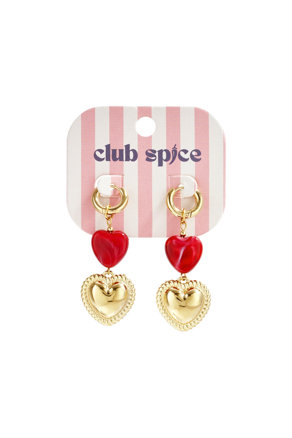 Gold dangle earrings featuring red resin hearts and textured gold heart charms on gold hoop findings.