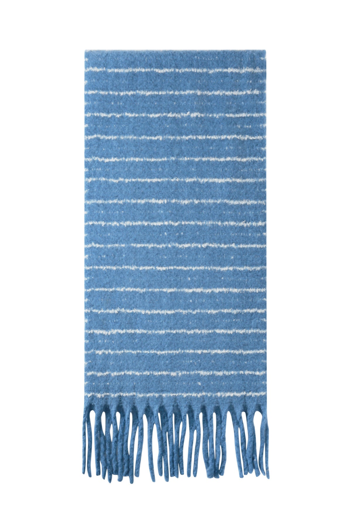 Blue striped winter scarf with fringe tassels shown flat on white background