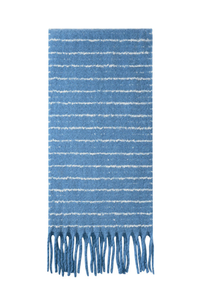 Blue striped winter scarf with fringe tassels shown flat on white background